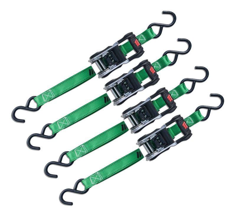 1,500-lb Ratchet Tie Down, with Padded D-Handle, 1-in x 14-ft, 4-pk, Green B2L6